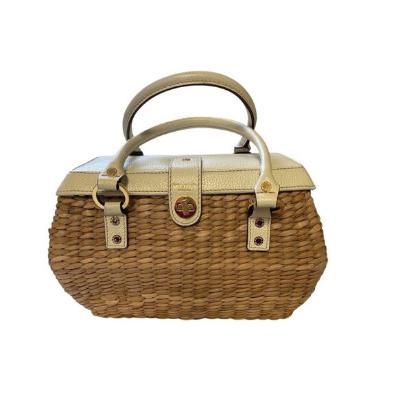 Kate Spade Woven Straw Tote Bag With Leather Trim & Floral Lining - Picture 1 of 7
